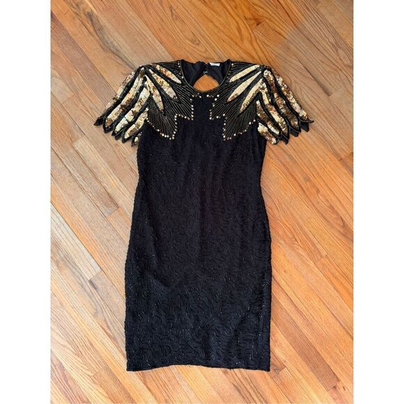 Vintage 80s Laurence Kazar Black Gold Cocktail Silk Sequin Beaded Midi Dress - Picture 9 of 10